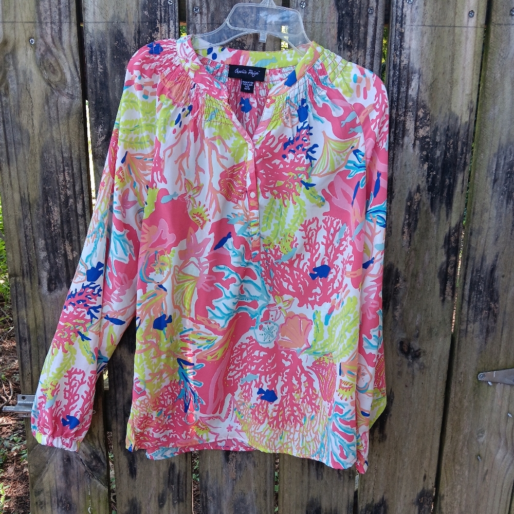 Charlie Paige Sea Life Coral Blouse M